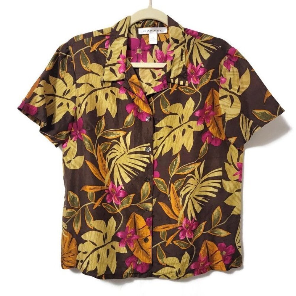 Rafael 100% Silk Hawaiian Floral Leaf Print Button Up Short Sleeve Size 8